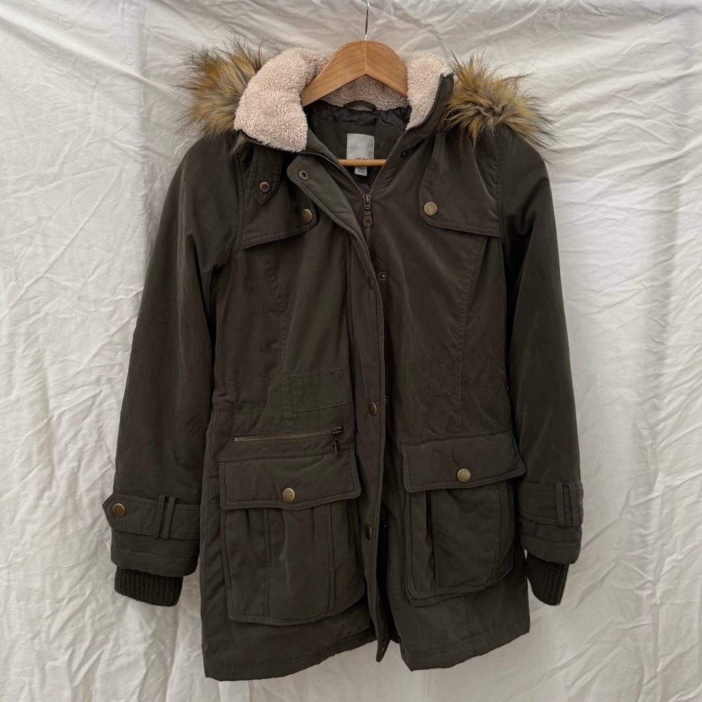 Halogen Olive Green Puffer Coat with Faux Fur Hood